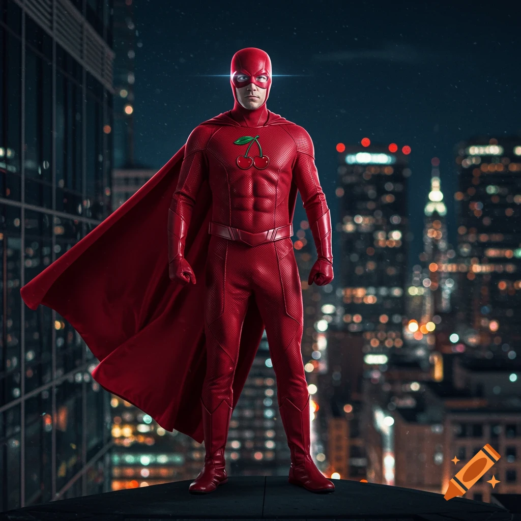 A muscular superhero in a red suit with a cherry logo on his chest and a flowing red cape stands on a rooftop overlooking a city at night.