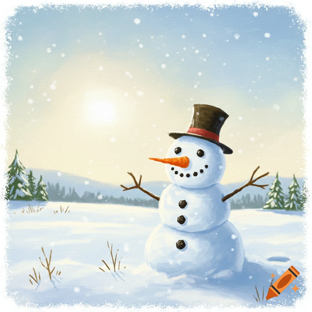 An illustrated snowman stands in a snowy field with falling snow, evergreen trees in the background under a bright sky.