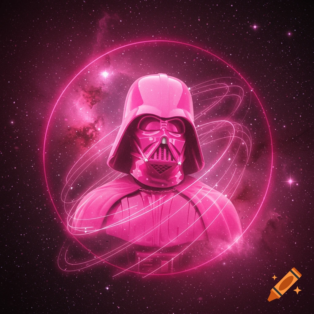 Pink Darth Vader bust in space with neon rings, in a vibrant pop art style.