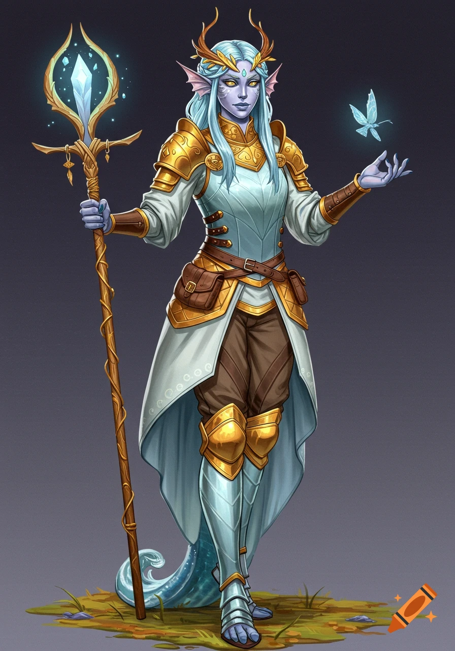 A full-body illustration of a female triton archfey warlock with light blue skin and hair, wearing ornate gold and light blue armor, holding a glowing staff and looking at a magical butterfly.