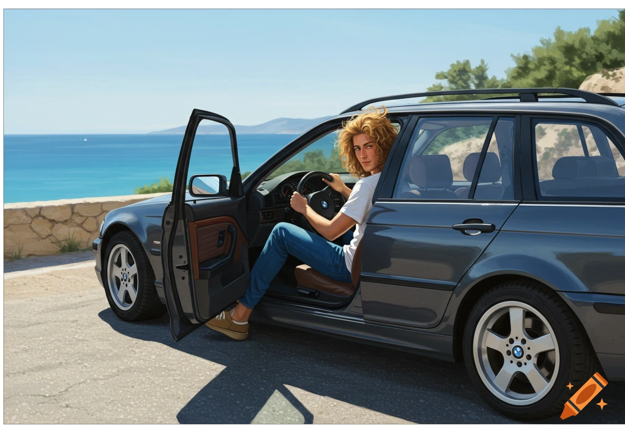 A person with curly blonde hair sits in a grey BMW E46 wagon with the door open, parked on a road overlooking a blue ocean.