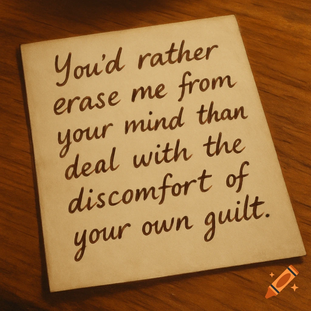 A handwritten note on a wooden table says, 'You'd rather erase me from your mind than deal with the discomfort of your own guilt.'