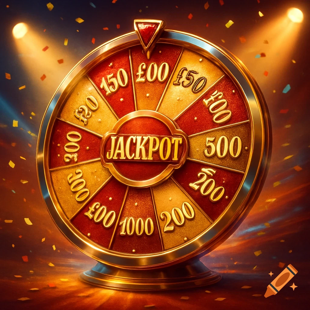 A golden and red spinning wheel of fortune with 'JACKPOT' in the center and various money amounts, surrounded by confetti and spotlights.