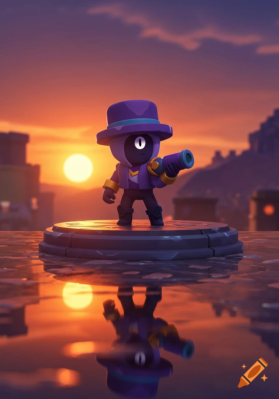 Mortis from Brawl Stars, a stylized character in purple with a hat and weapon, stands on a pedestal reflecting a vivid sunset.