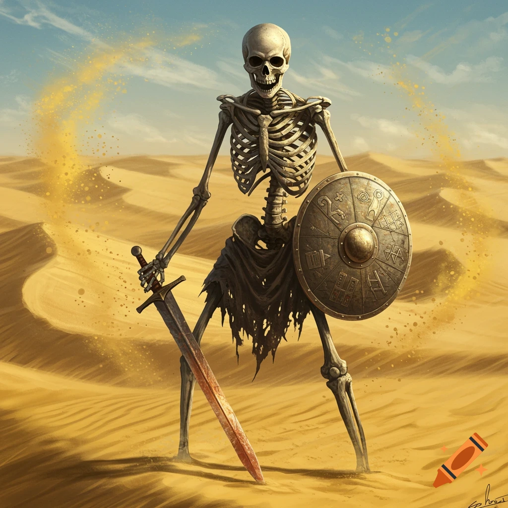 A skeletal warrior with a ragged loincloth stands in a vast desert, holding a sword and a round shield with runes.