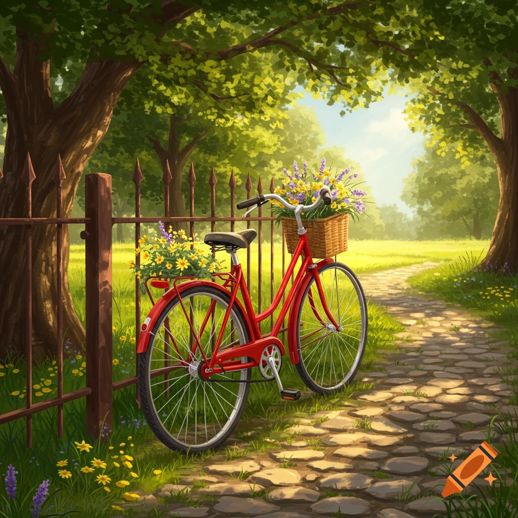 A red bicycle with flower baskets parked on a sunny stone path next to a fence in a lush green park.