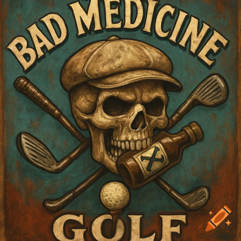 A vintage-style illustration for "BAD MEDICINE GOLF" features a skull wearing a golf cap, crossed golf clubs, a golf ball, and a small bottle.