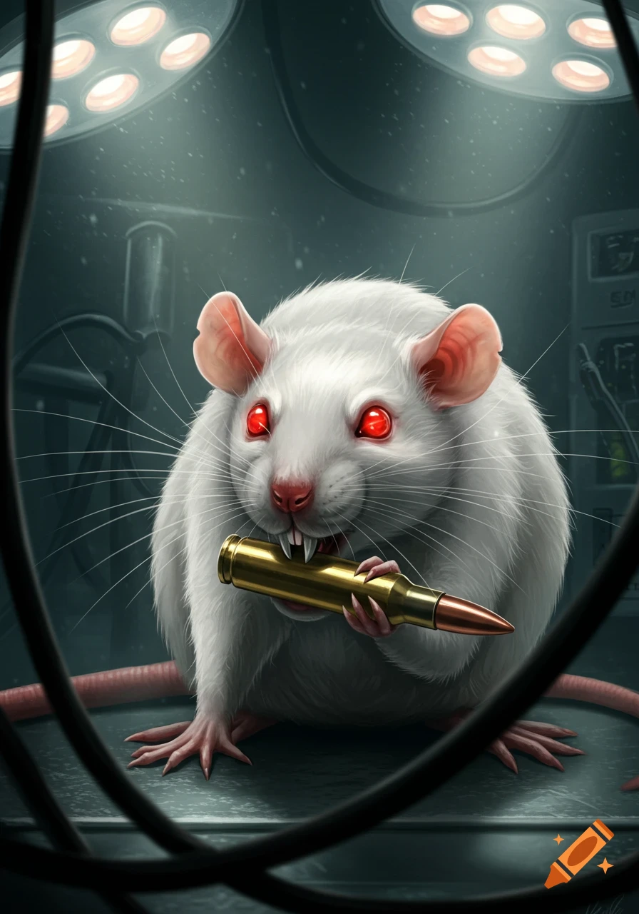 A white lab rat with glowing red eyes holds a rifle cartridge in its mouth under surgical lights.