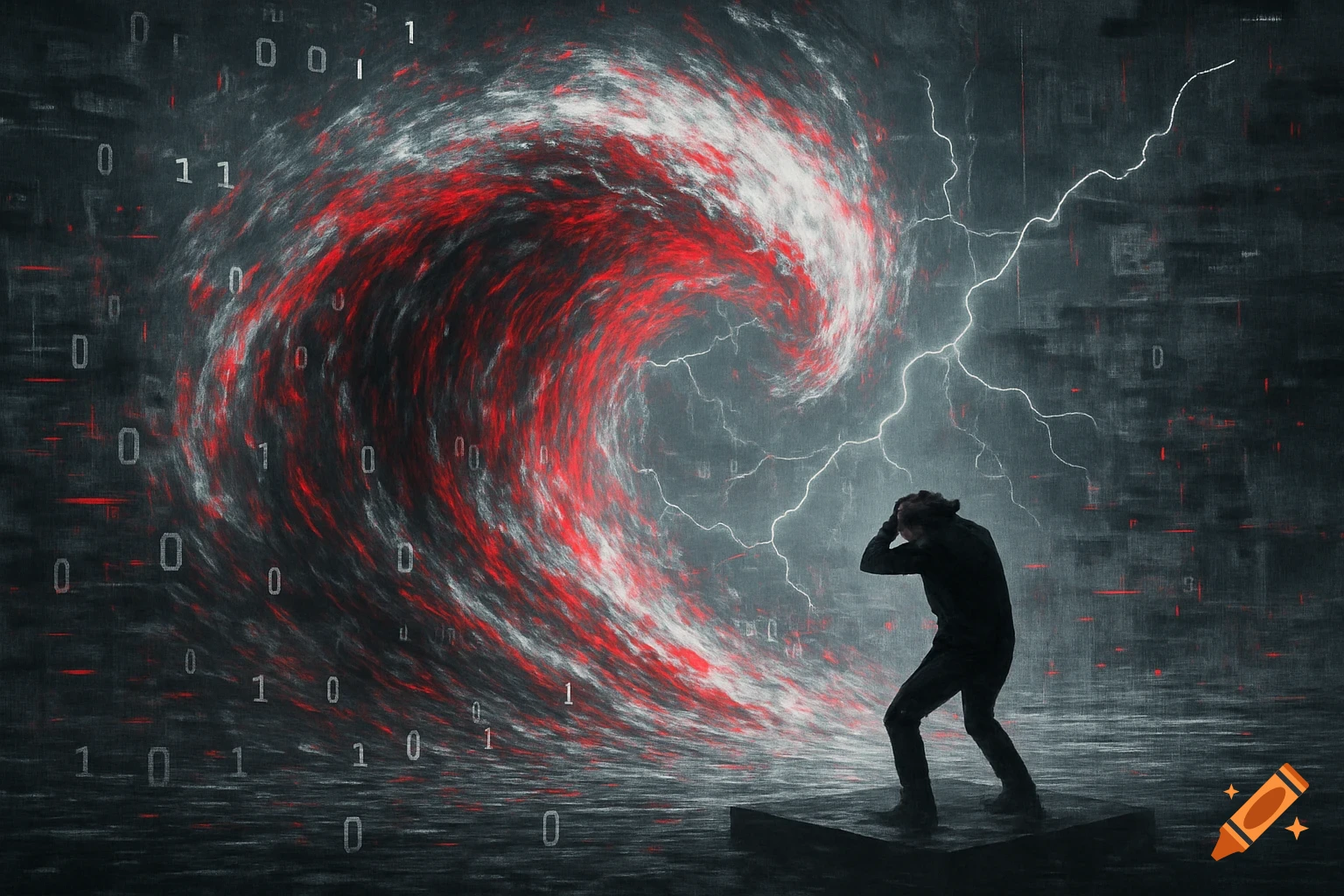 A distressed person stands before a swirling red and white digital vortex with binary code and lightning in a dark, textured setting.