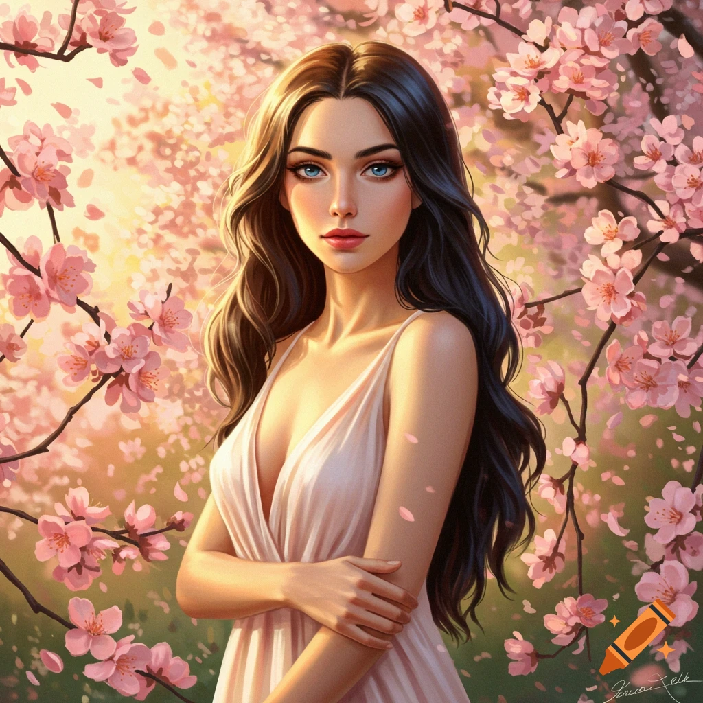 Digital art portrait of a beautiful woman with long dark hair and blue eyes, surrounded by pink cherry blossoms.