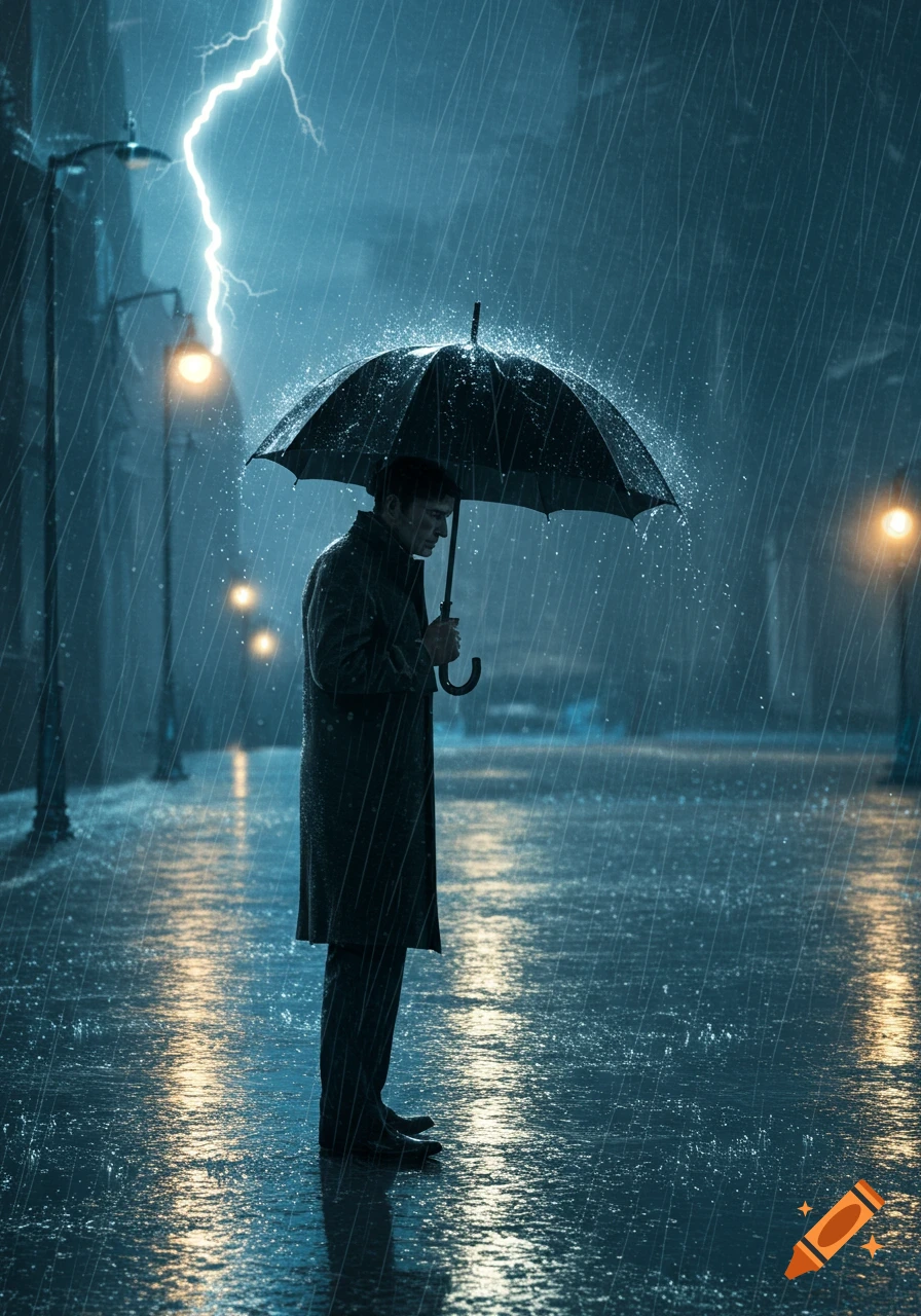 A man holding an umbrella stands alone in a dark, rainy city street at night, with lightning flashing in the sky.
