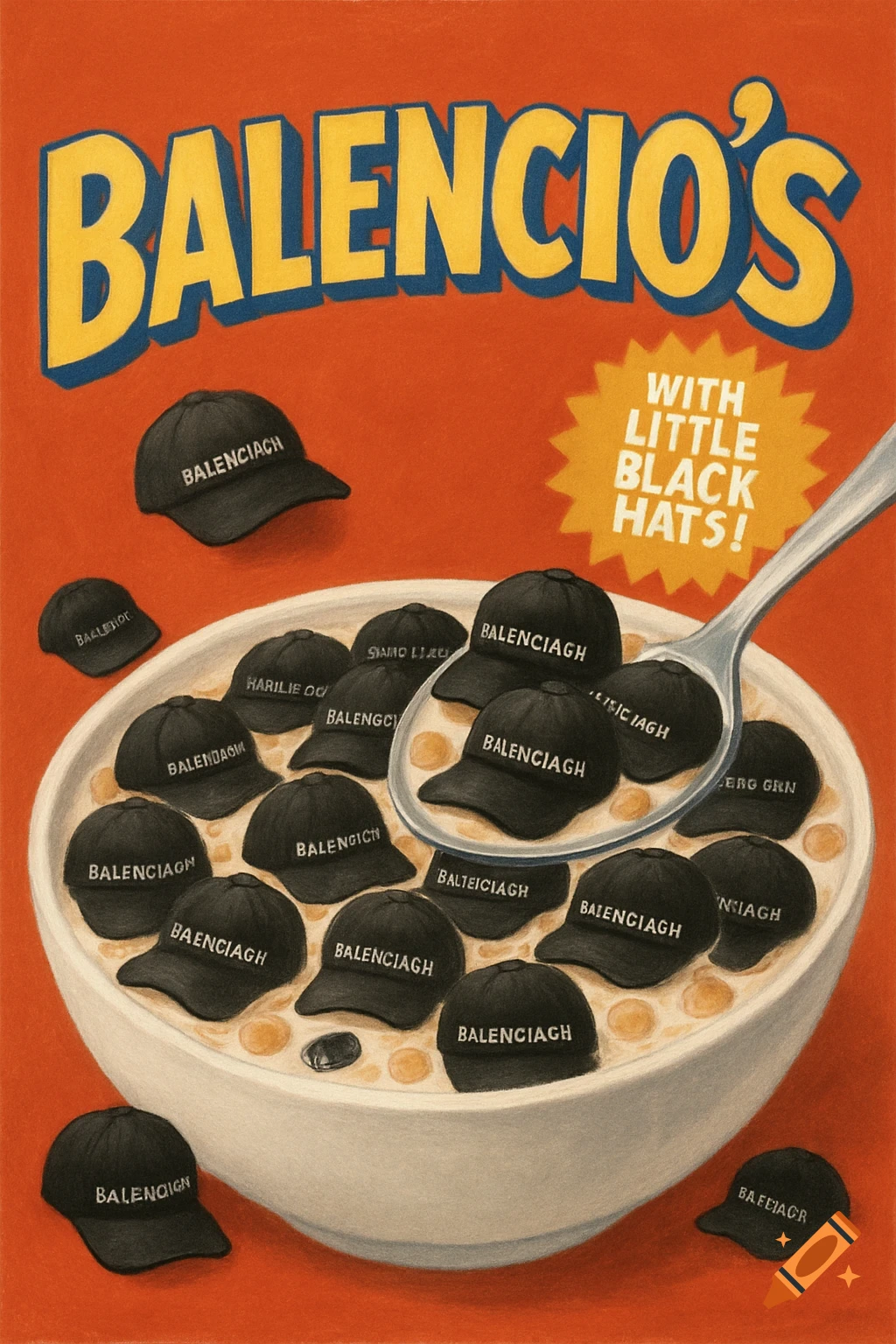 A cartoon illustration of a bowl of "Balencio's" cereal, which consists of milk and small black baseball caps with the word "Balenciaga" on them, along with a spoon. The background is orange.