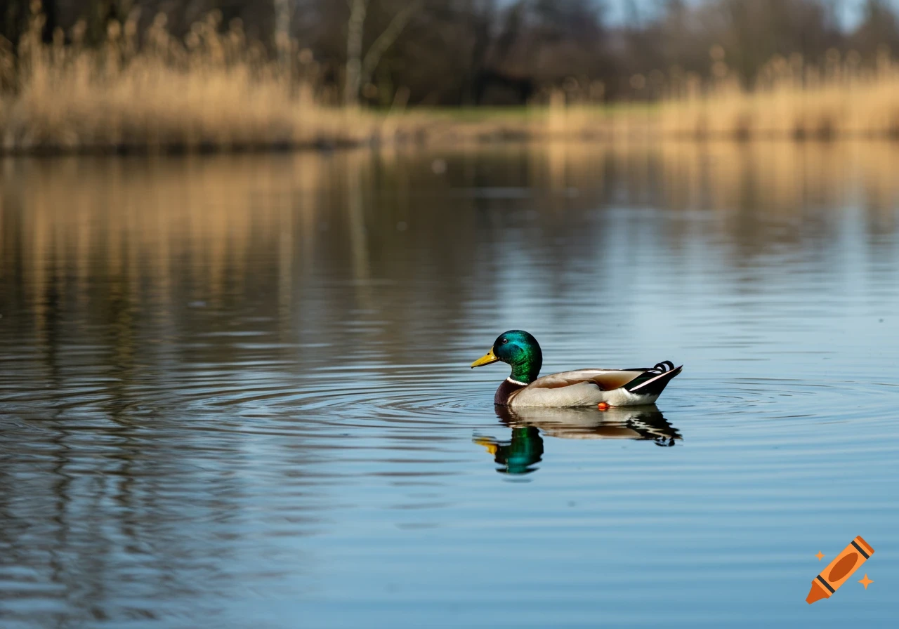 A mallard duck with a green head and brown body swims in a calm blue pond, reflecting on the water.