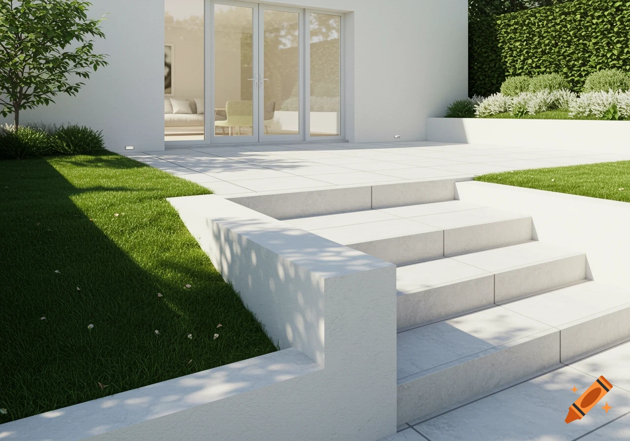 A modern outdoor patio with white steps and retaining walls, surrounded by green grass and a house with glass doors.