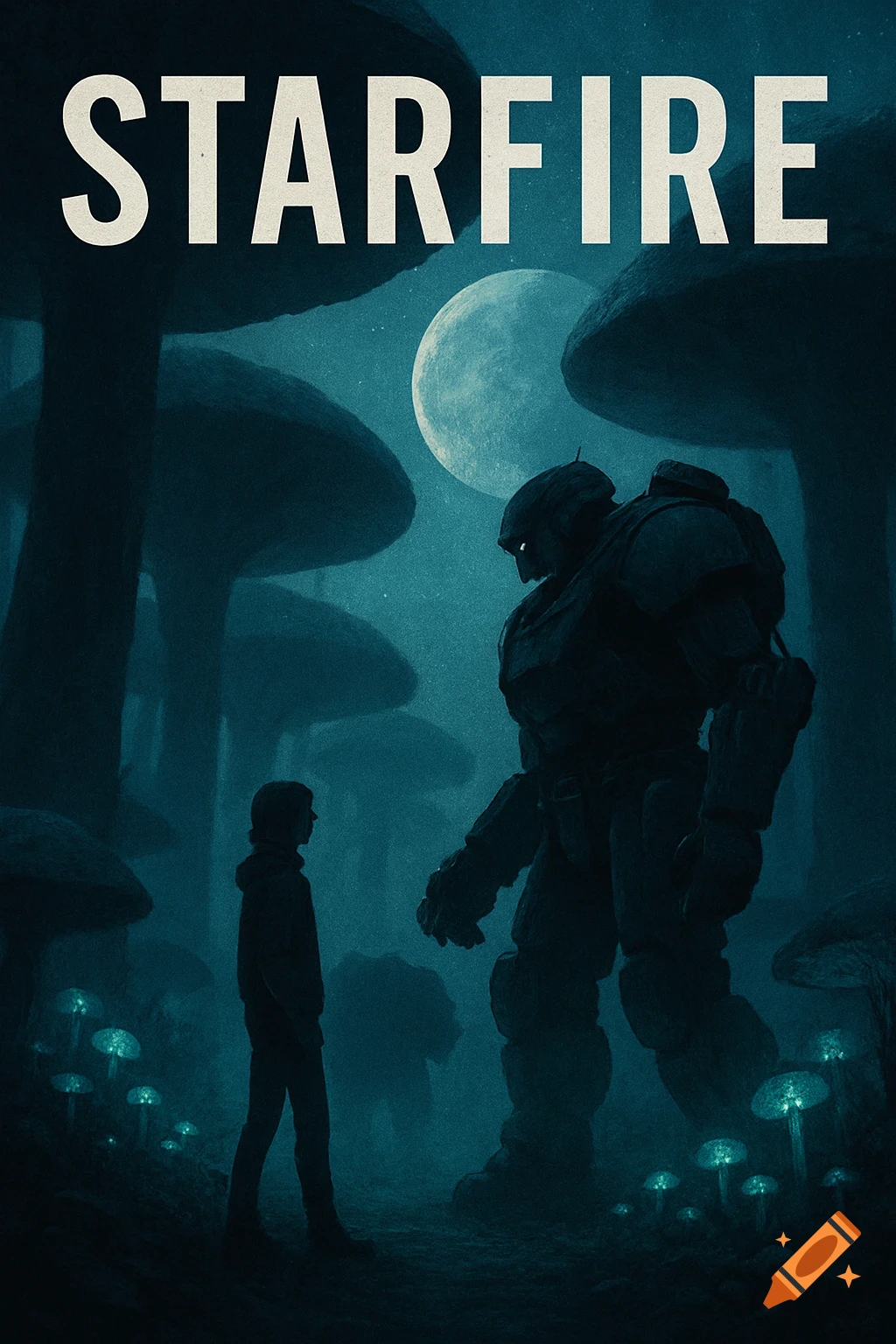 A boy and a large robot stand in a dark, alien mushroom forest under a moon with bioluminescent mushrooms, with the title STARFIRE above. Digital painting.