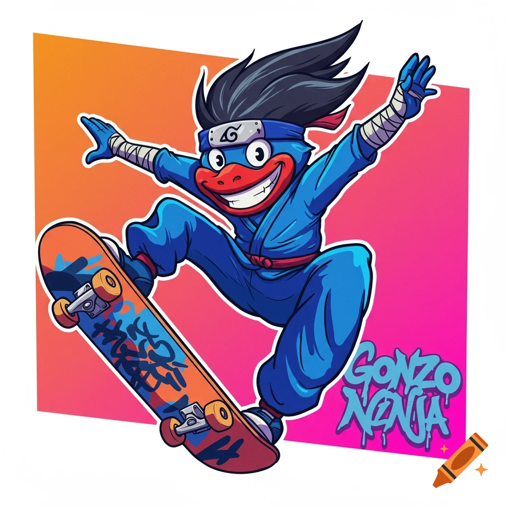 Cartoon duck ninja in a blue suit and headband jumping with a skateboard, styled like a sticker.
