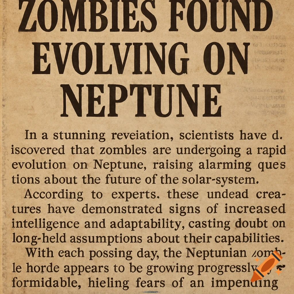 A vintage newspaper article with the headline 'ZOMBIES FOUND EVOLVING ON NEPTUNE' and body text about zombies on Neptune.