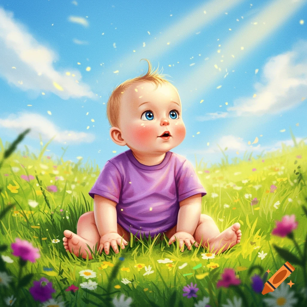 A cute cartoon baby with blue eyes and a purple shirt sits in a vibrant green field filled with colorful flowers under a bright blue sky.