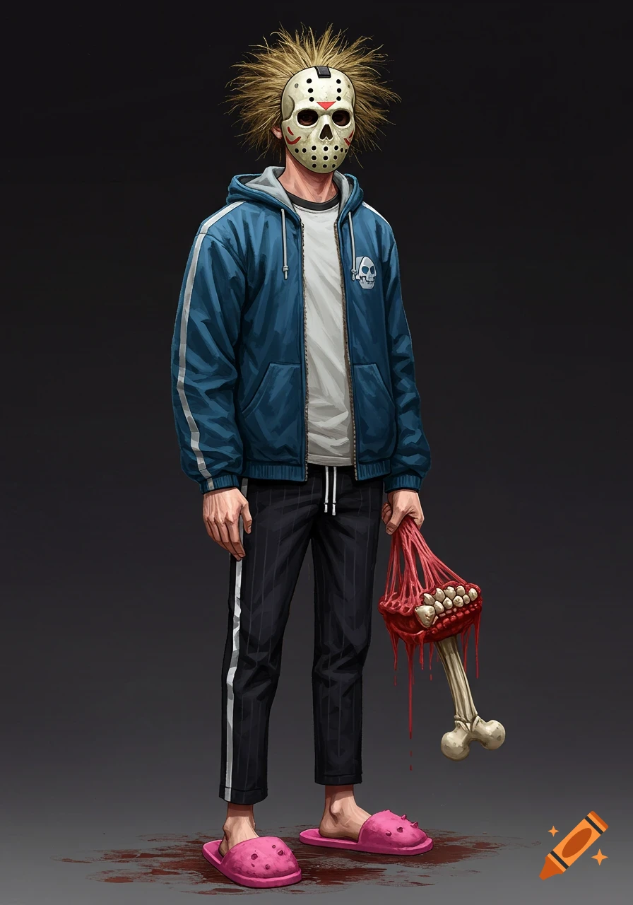 A stylized illustration of a man in a skull hockey mask, blue hoodie, black pants, and pink slippers, holding a bloody bone with teeth.