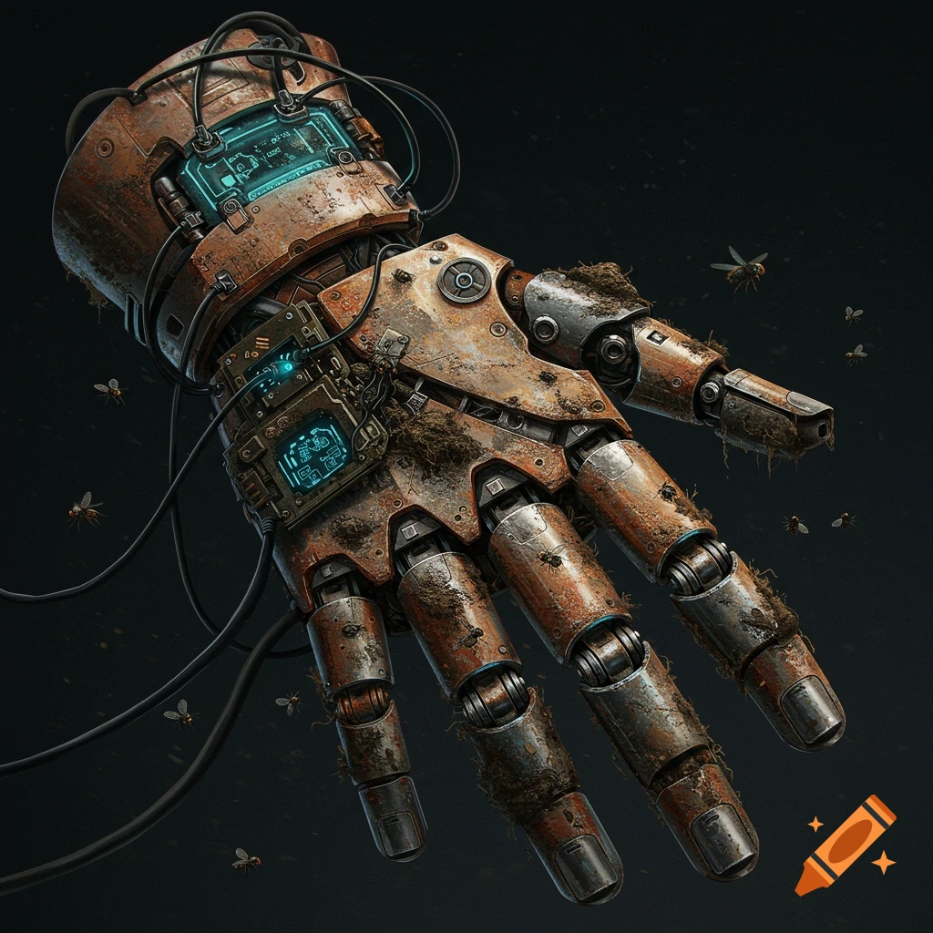 A rusty, dirty, mechanical prosthetic hand with exposed wires and glowing screens, surrounded by flies, against a dark background.