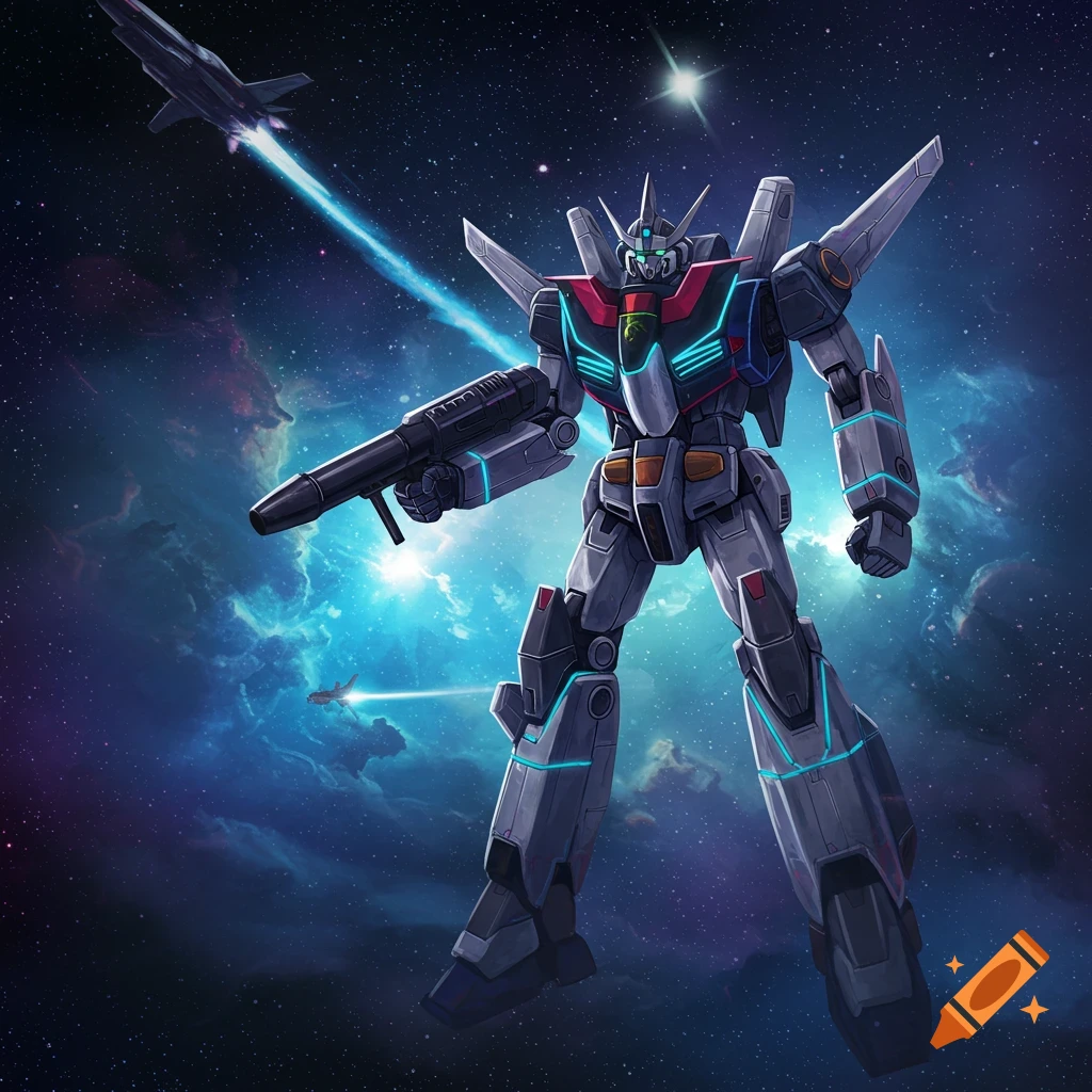 A tall, grey sci-fi robot with glowing blue lines and a rifle stands in space amidst vibrant nebulae and distant spacecraft.
