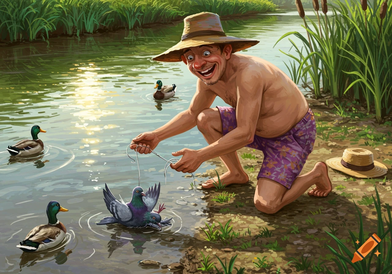 A man in a straw hat and swim trunks comically pulls a pigeon out of a river, surrounded by ducks and reeds, in a colorful illustration.