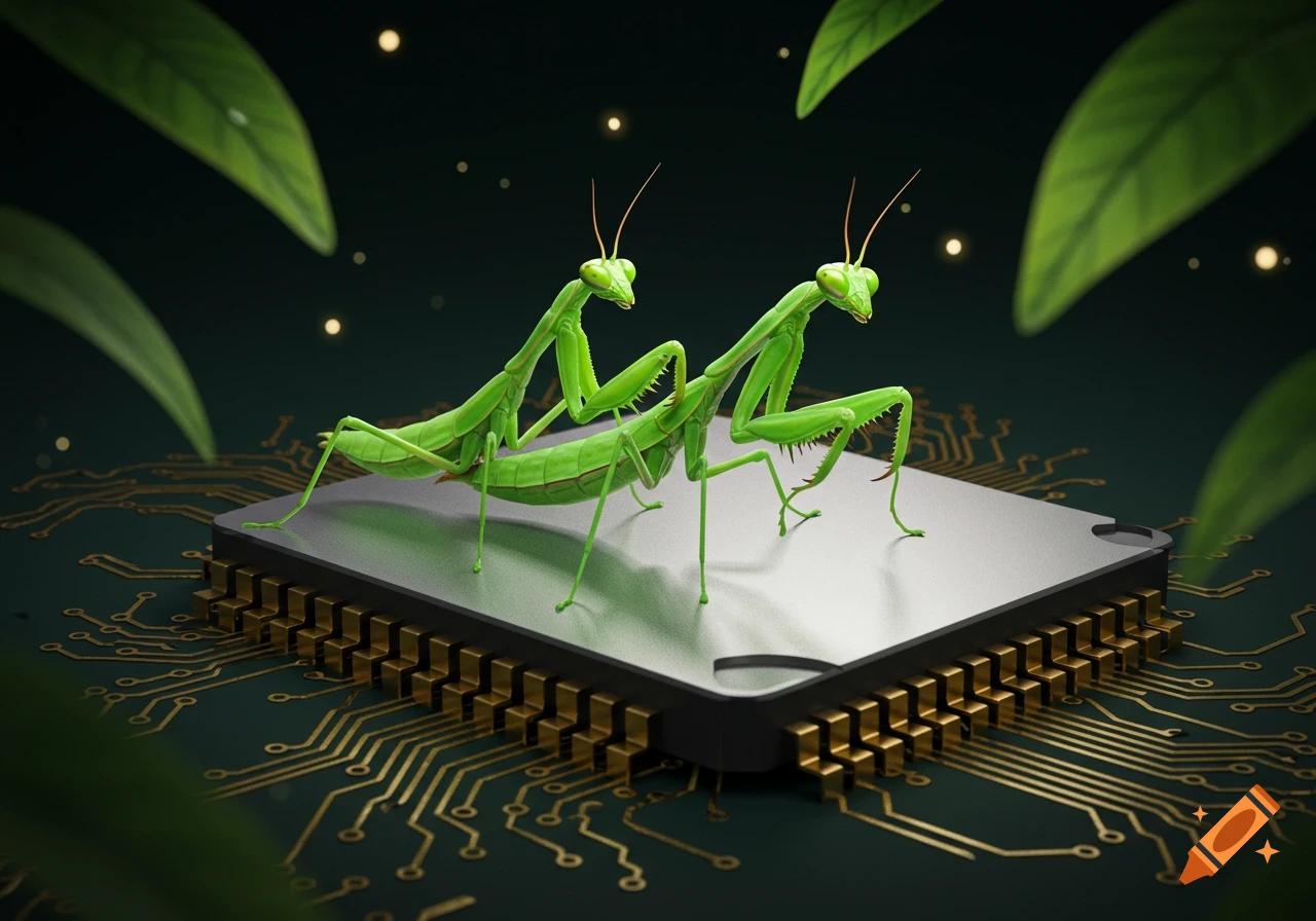 Two green praying mantises stand on a computer chip with circuit board traces and leaves in a photorealistic style.