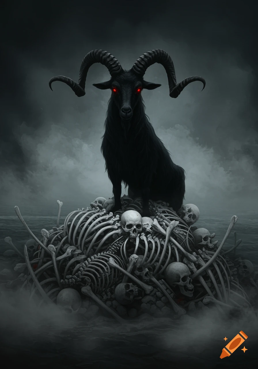 A sinister black goat with glowing red eyes sits atop a large pile of human skeletons and skulls in a dark, atmospheric setting.