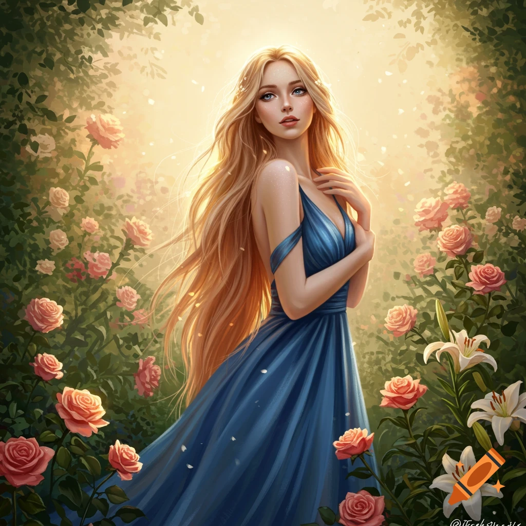 A long-haired woman in a blue dress stands in a vibrant rose garden, bathed in golden light, in a realistic fantasy style.