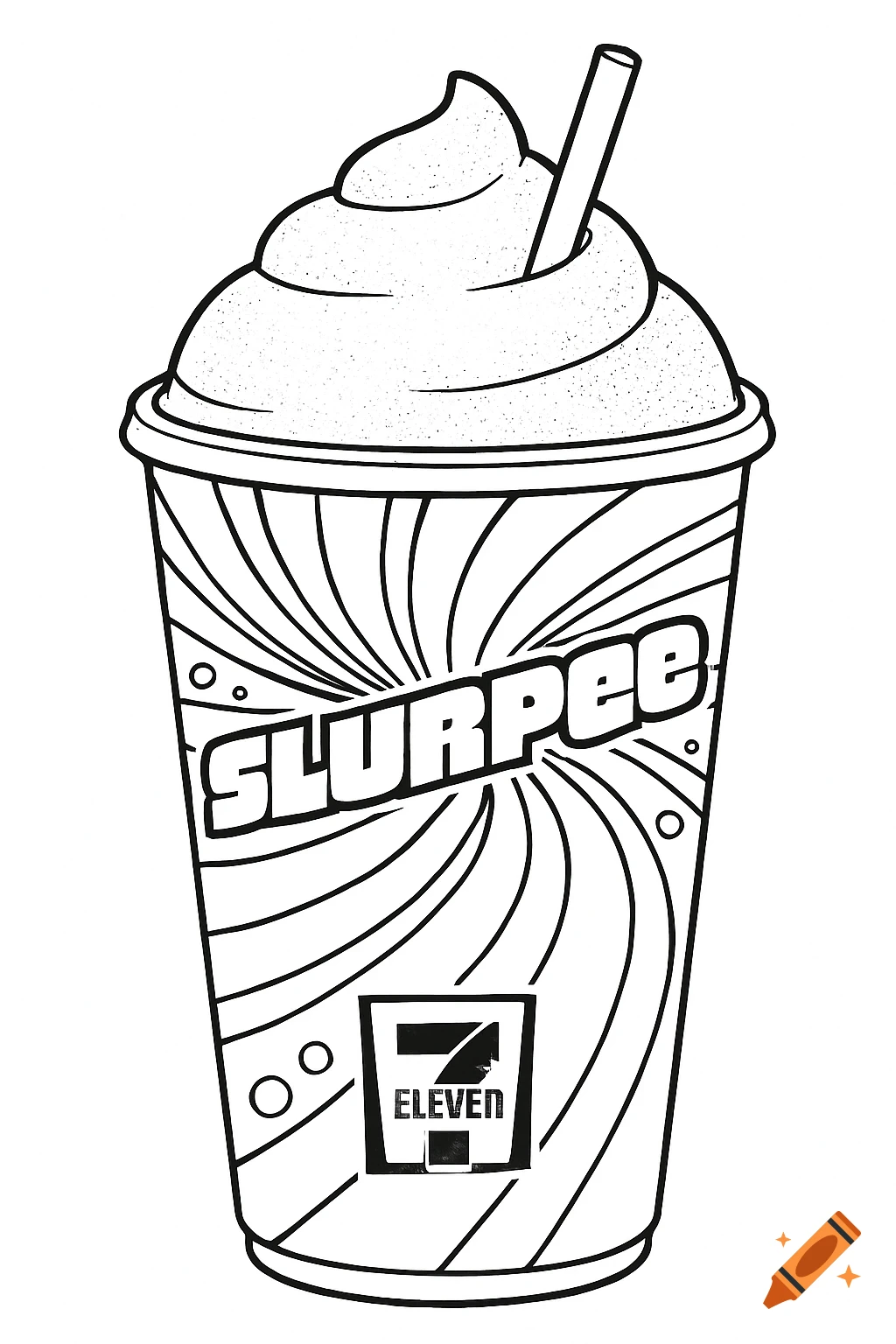 A black and white line art coloring page of a 7-Eleven Slurpee cup with a straw.