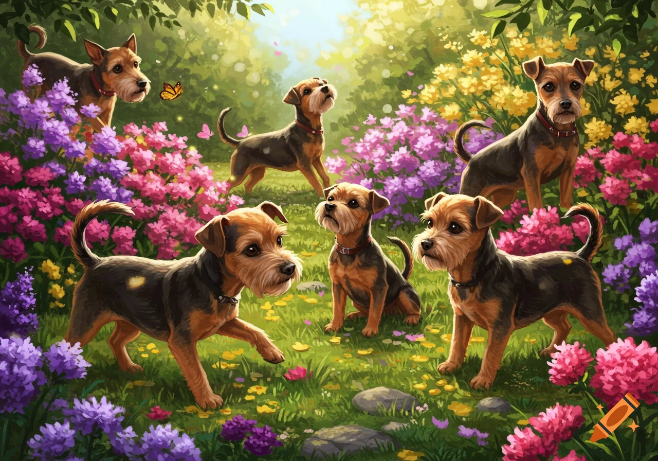 Several Cairn Terriers in a vibrant, colorful garden filled with purple, pink, and yellow flowers, with a butterfly nearby. Digital painting style.