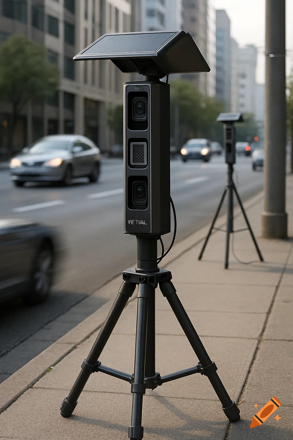 A photorealistic image of a V3TRAX traffic enforcement device on a tripod, deployed roadside in an urban setting with cars.