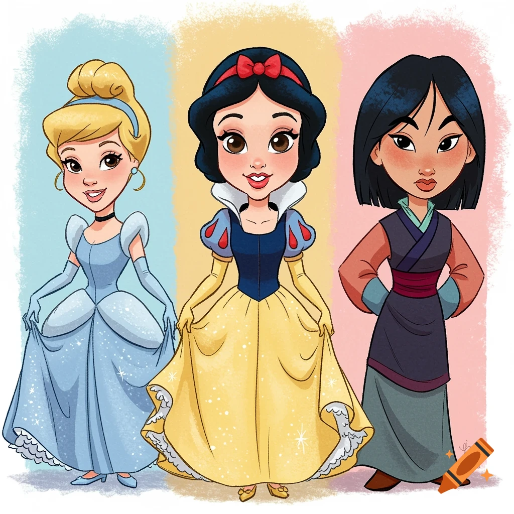 Caricature style illustration of Disney Princesses Cinderella, Snow White, and Mulan standing together against pastel backgrounds.