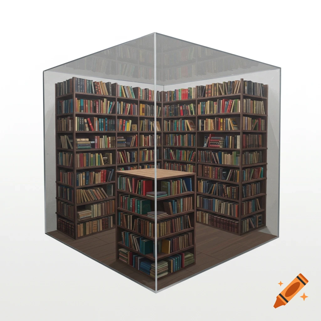 A minimalist illustration of a library inside a clear glass cube, filled with colorful books.