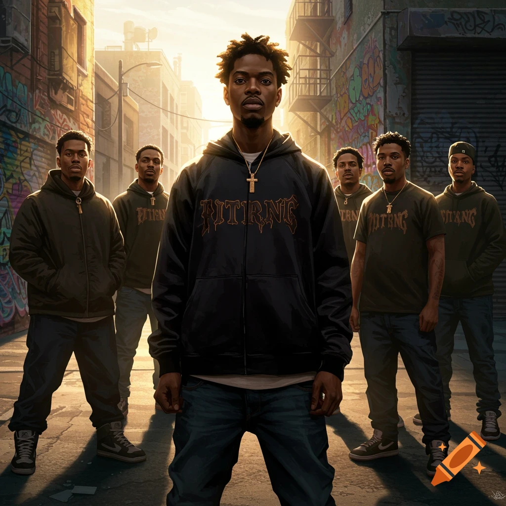 Six young Black men standing in an urban alley with graffiti, bathed in golden sunlight.