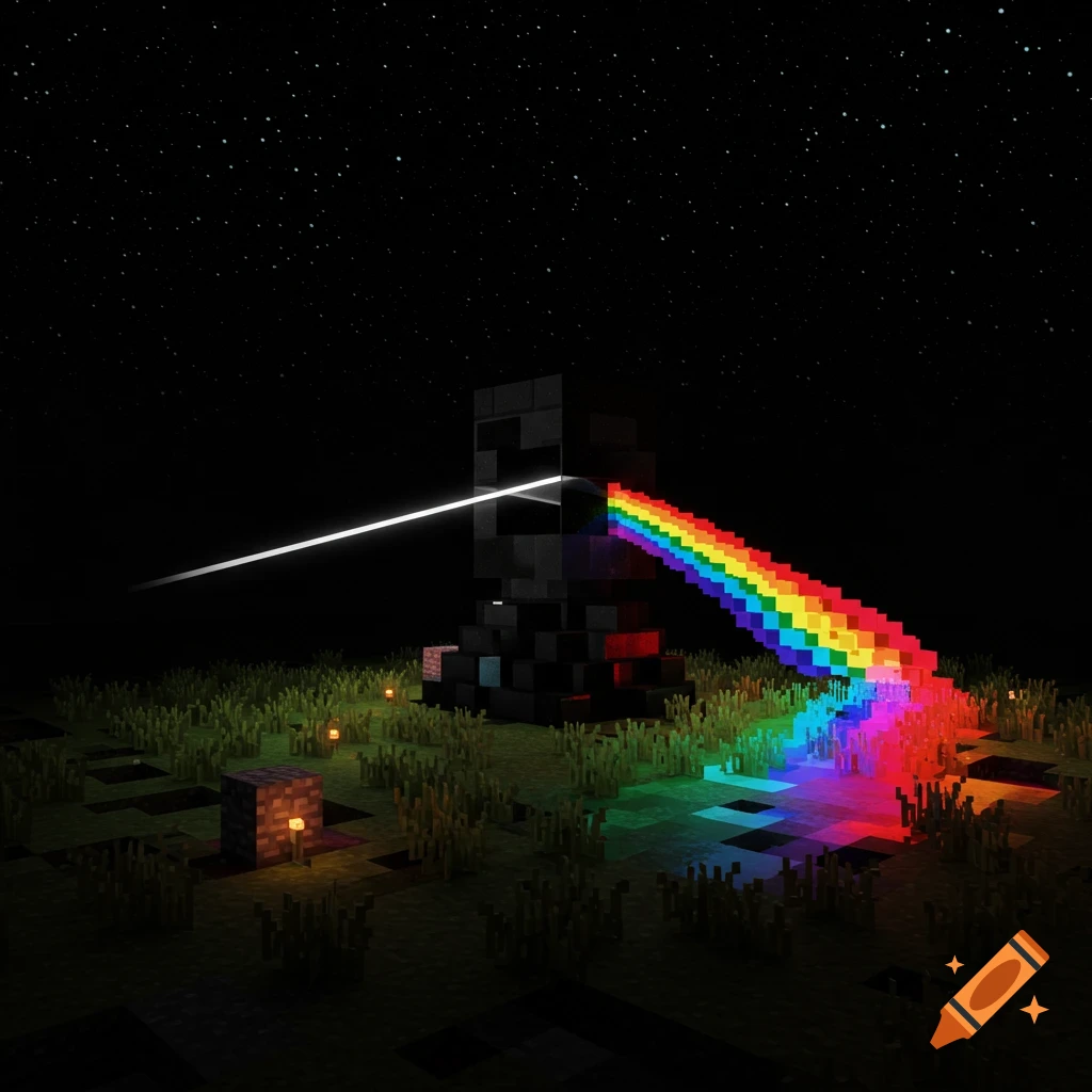 A pixelated dark prism in a grassy Minecraft-style field under a starry night sky, splitting a white light beam into a vibrant pixelated rainbow.