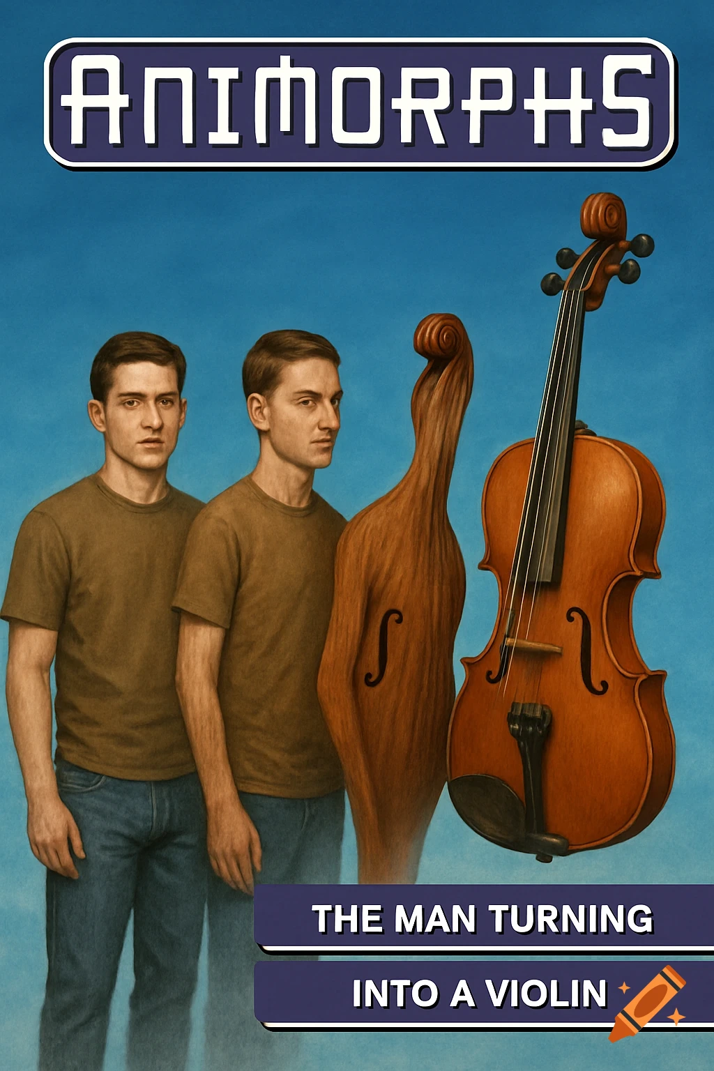 A book cover depicting a man transforming into a violin, with "ANIMORPHS" at the top and "THE MAN TURNING INTO A VIOLIN" below.