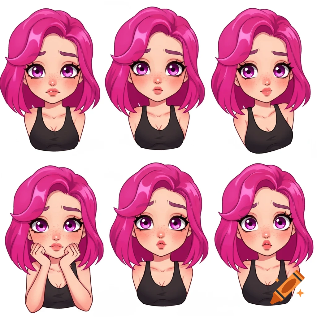 Six chibi-style illustrations of a girl with short pink hair and large pink eyes, each showing a different emotion. She wears a black tank top.