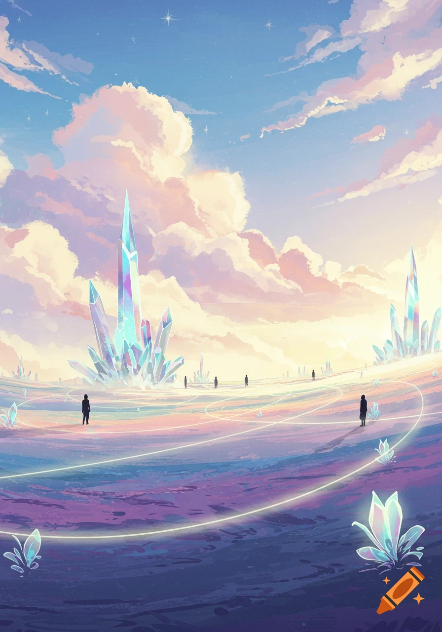 A vibrant, dreamy landscape with towering pastel crystals, a colorful sky, and small figures on an otherworldly plain.