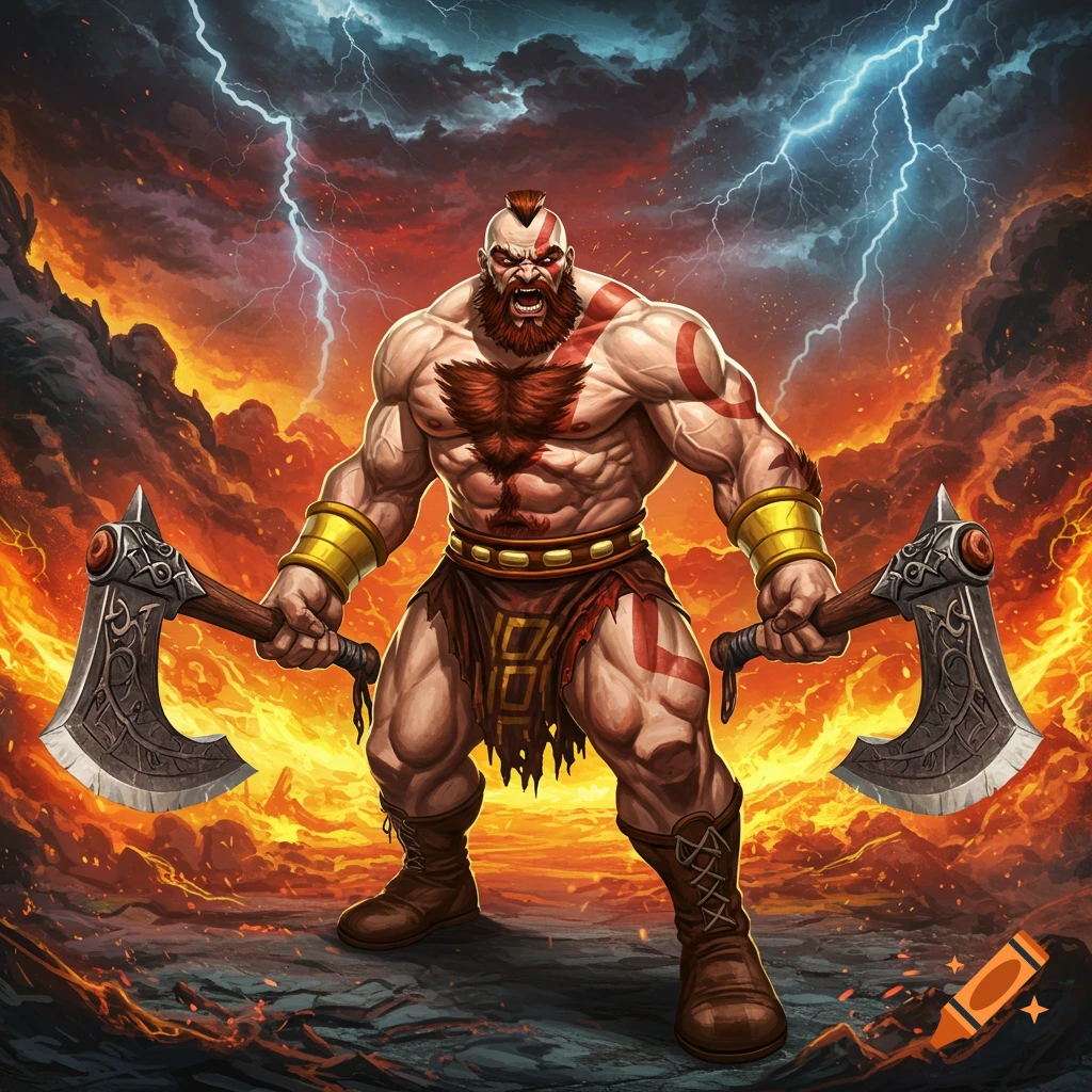 A muscular, bearded fantasy warrior with red markings, holding two large axes in a fiery landscape with lightning. Stylized digital art.