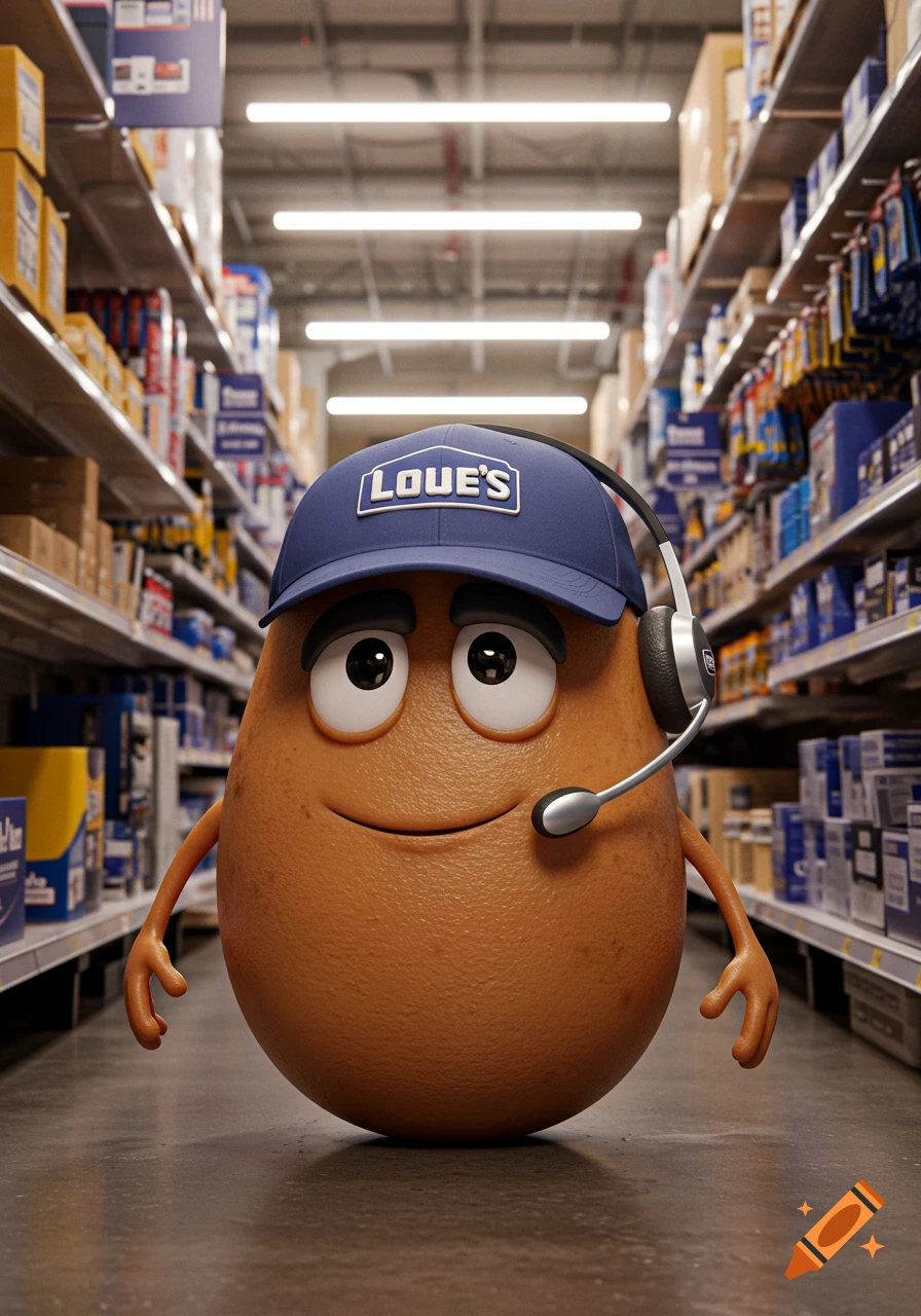 A friendly anthropomorphic potato wearing a blue 'LOUE'S' cap and a headset stands smiling in a store aisle.