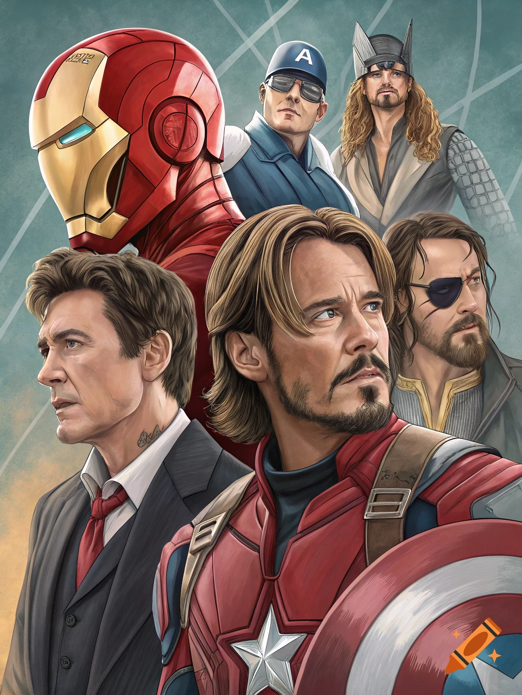 A stylized collage of several male characters from various movies, including Iron Man, Captain America, Thor, and others resembling Tony Stark and a bearded man with an eye patch.