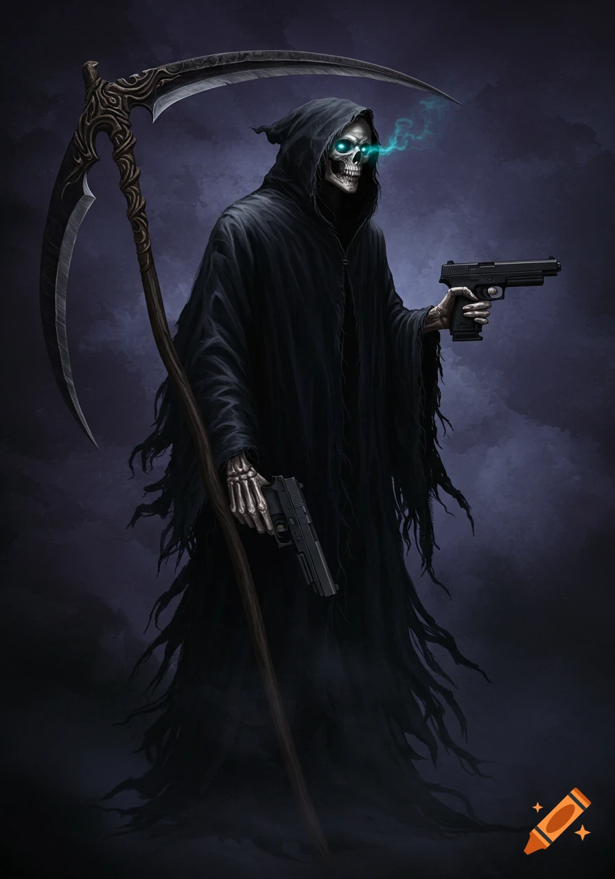 A grim reaper figure in a dark hooded robe with glowing blue eyes holds a large scythe and two handguns against a shadowy, dark background.