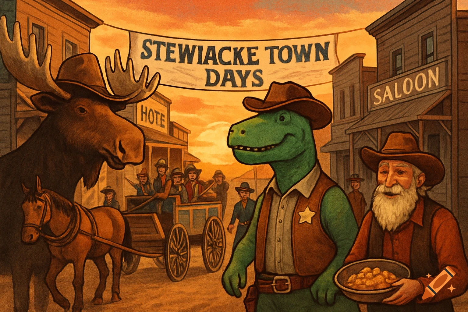 A vintage poster style image of a Wild West town at sunset, featuring a moose in a cowboy hat, a dinosaur sheriff, and a gold prospector. A banner reads 'Stewiacke Town Days'.