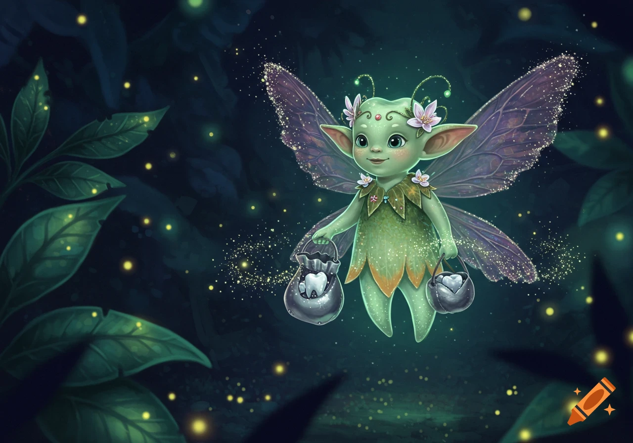 A friendly green-skinned tooth fairy with large, translucent wings hovers in a dark forest, holding small bags, surrounded by glowing fireflies.