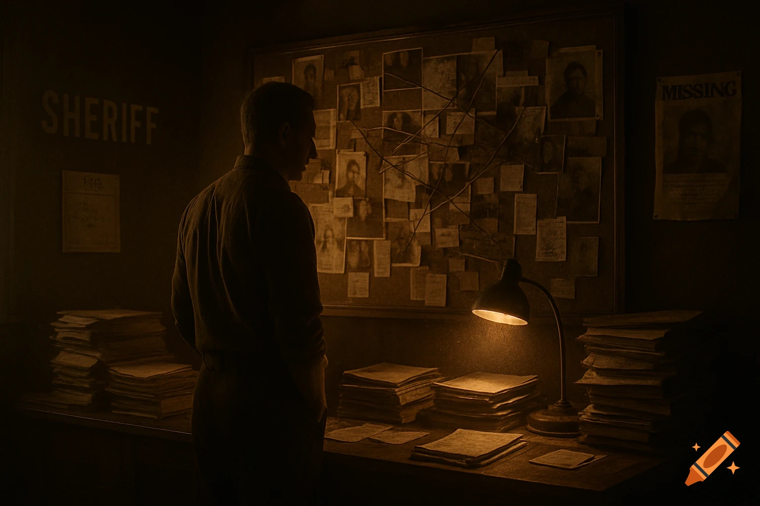 A man stands in a dimly lit sheriff's office, looking at a corkboard covered with photos and notes. Old files are stacked on the desk.