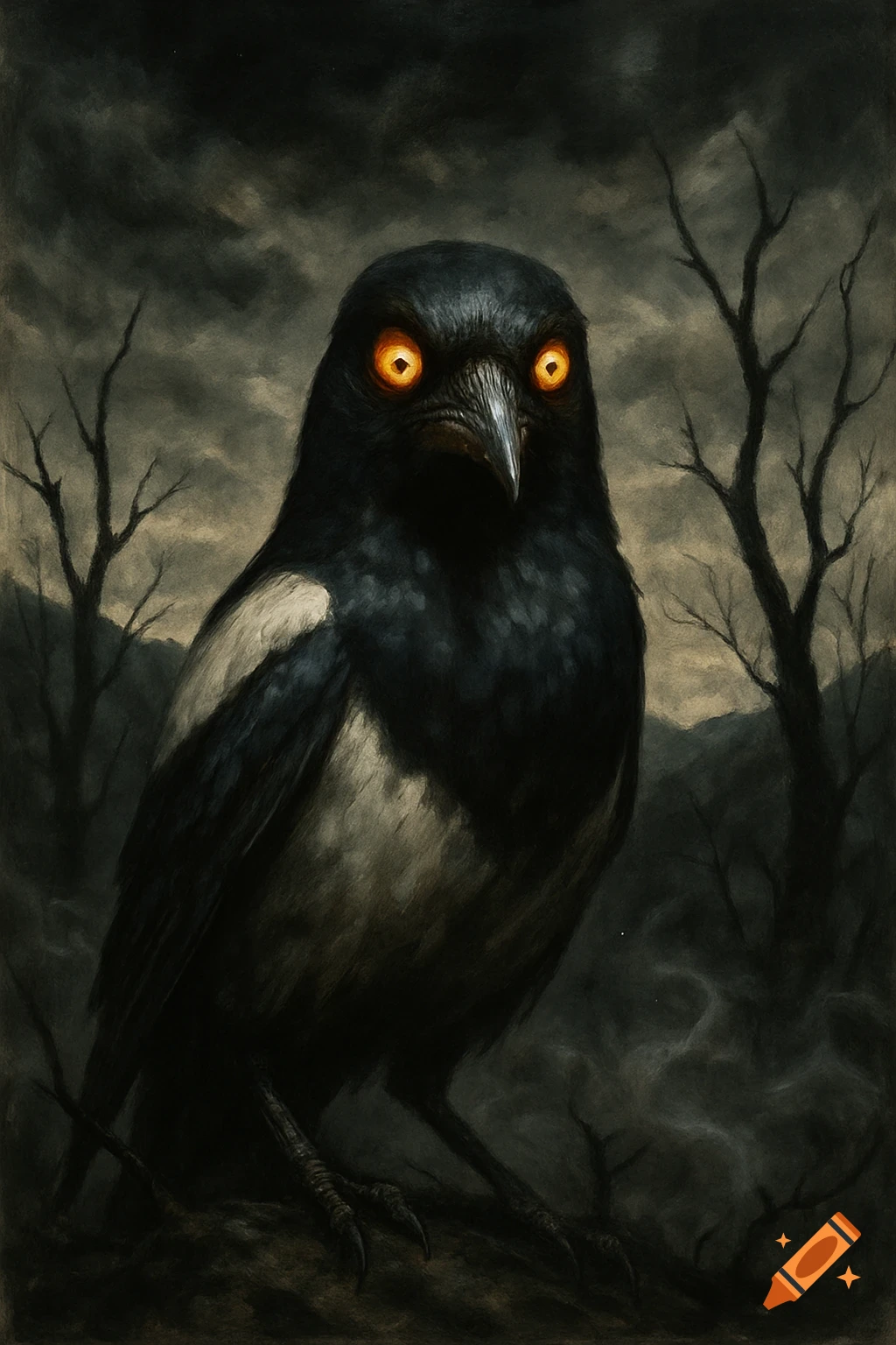 A menacing black magpie with glowing orange eyes stands against a dark, cloudy sky with silhouetted trees, in a horror art style.
