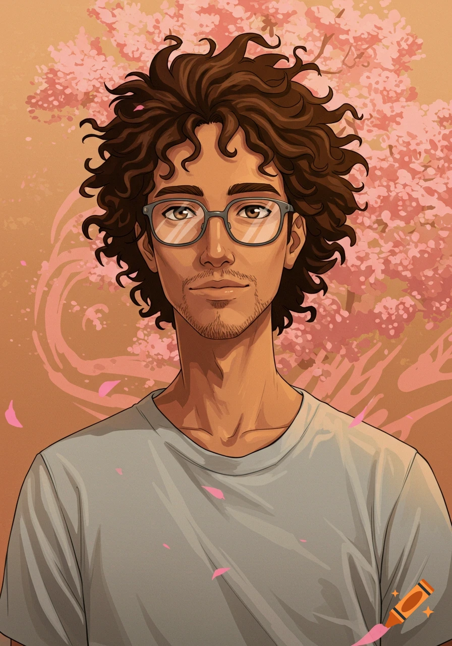 An anime-style portrait of a man with curly brown hair, brown eyes, and clear glasses, wearing a light gray shirt, against pink cherry blossoms.