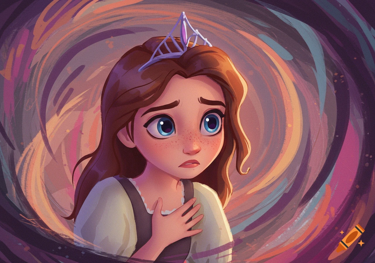 A cartoon girl with brown hair, blue eyes, and freckles wears a crown, looking anxious with a hand to her chest, against a swirly, colorful background.