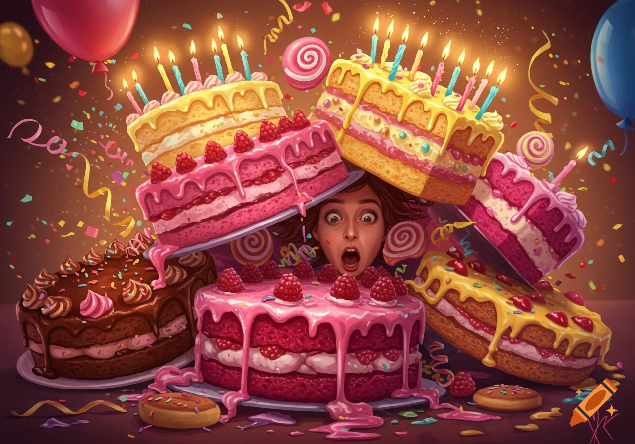 A cartoonish illustration of a person's head emerging with a shocked expression from a pile of collapsing birthday cakes, surrounded by confetti and balloons.